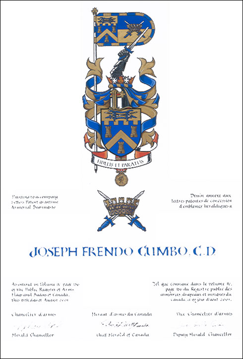Letters patent granting heraldic emblems to Joseph Frendo Cumbo