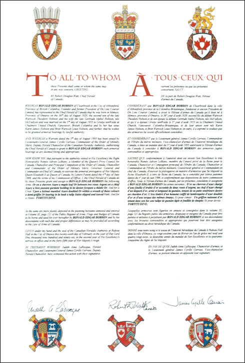 Letters patent granting heraldic emblems to Ronald Edgar Hobson