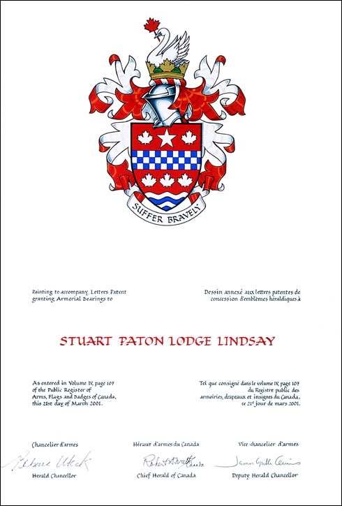 Letters patent granting heraldic emblems to Stuart Paton Lodge Lindsay