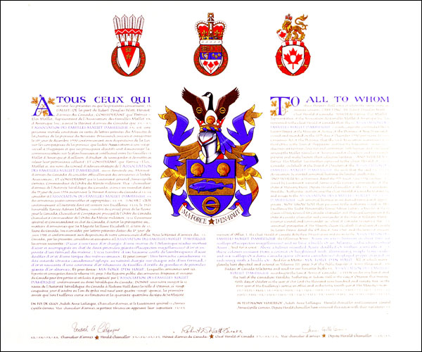 Letters patent granting heraldic emblems to the Association des familles Mallet d'Amérique