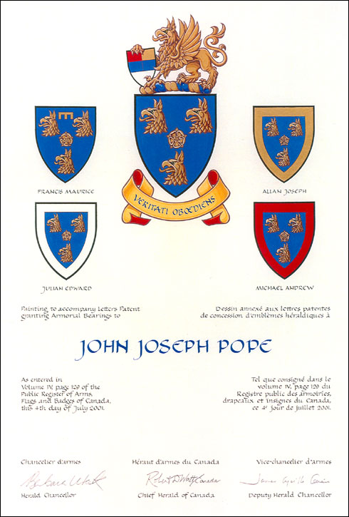 Letters patent granting heraldic emblems to John Joseph Pope