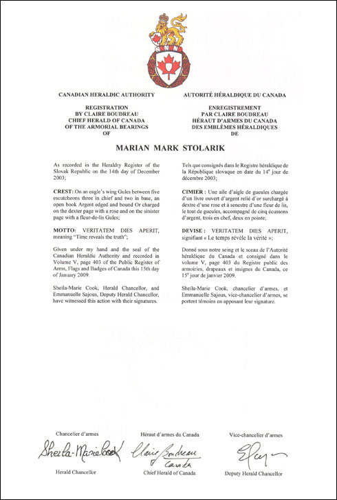 Letters patent registering the heraldic emblems of Marian Mark Stolarik