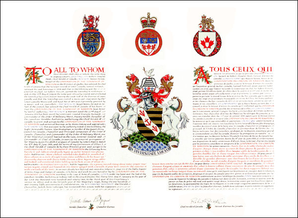 Letters patent granting heraldic emblems to the Corporation of the Township of Rawdon