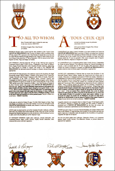 Letters patent registering the heraldic emblems of the County of Wellington