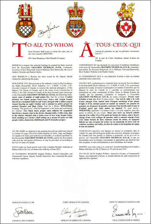 Letters patent granting heraldic emblems to Graydon Nicholas