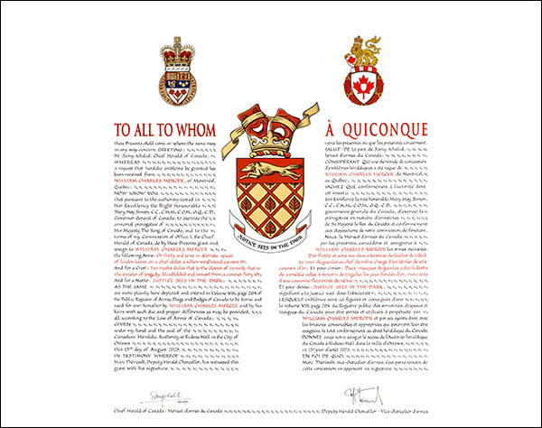 Letters patent granting heraldic emblems to William Charles Mercer