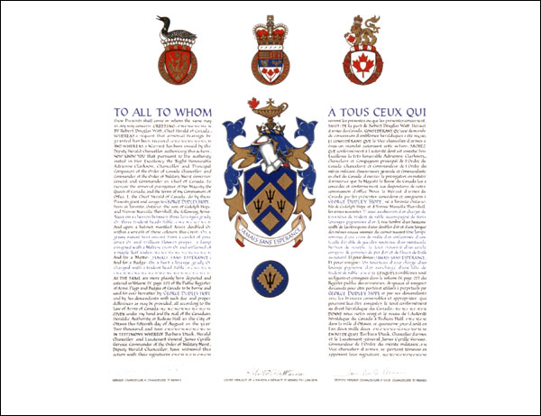 Letters patent granting heraldic emblems to George Dudley Hope
