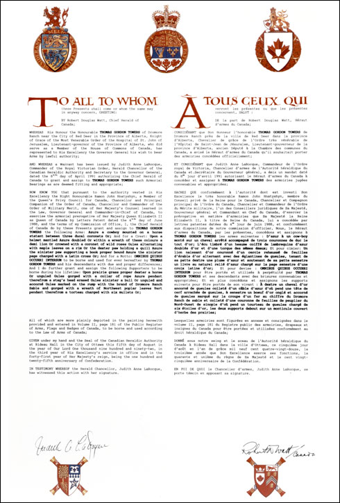 Letters patent granting heraldic emblems to Thomas Gordon Towers