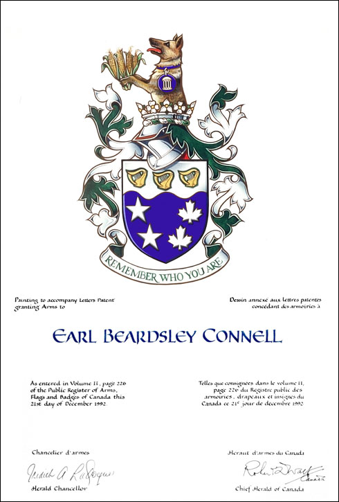 Letters patent granting heraldic emblems to Earl Beardsley Connell