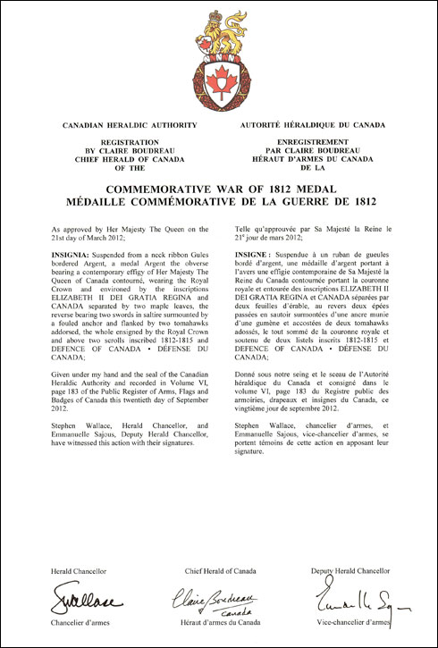 Letters patent registering the Commemorative War of 1812 Medal