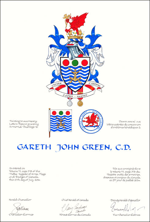 Letters patent granting heraldic emblems to Gareth John Green