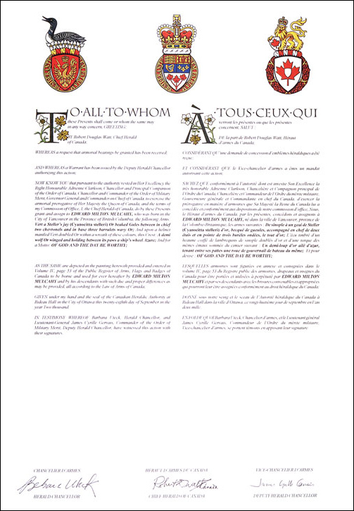 Letters patent granting heraldic emblems to Edward Milton Mulcahy