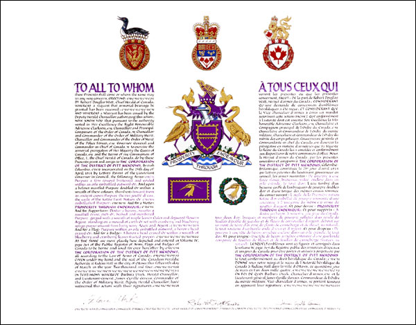 Letters patent granting heraldic emblems to The Corporation of the District of Pitt Meadows