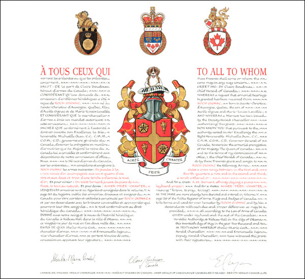 Letters patent granting heraldic emblems to Roch Gignac