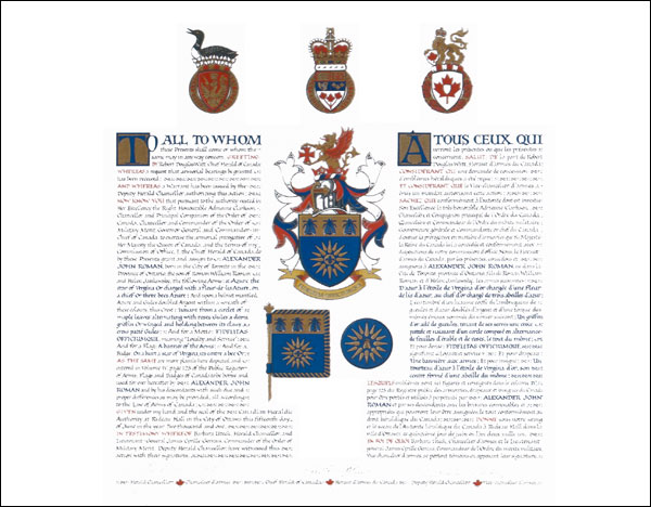 Letters patent granting heraldic emblems to Alexander John Roman