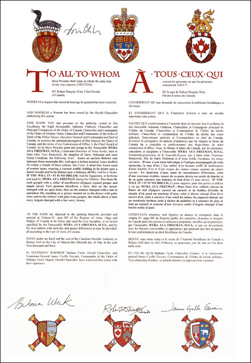 Letters patent granting heraldic emblems to Myra Ava Freeman