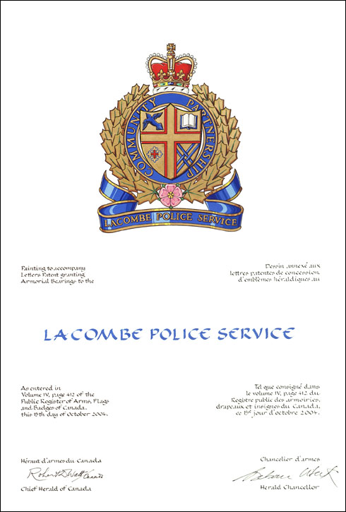 Letters patent granting heraldic emblems to the Lacombe Police Service