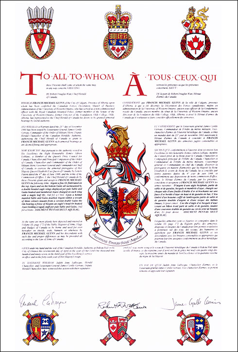 Letters patent granting heraldic emblems to Francis Michael Glynn