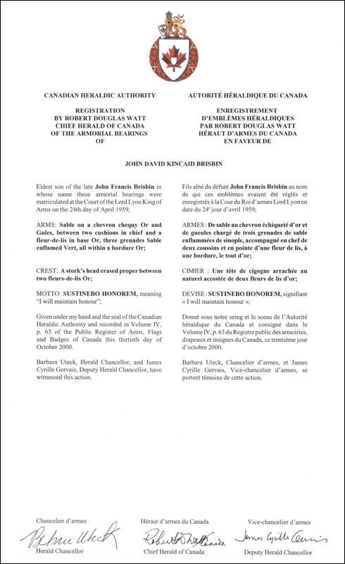 Letters patent registering the heraldic emblems of John David Kincaid Brisbin