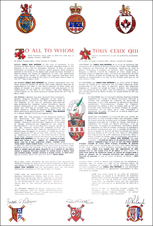 Letters patent registering the heraldic emblems of Donald Ross Matheson