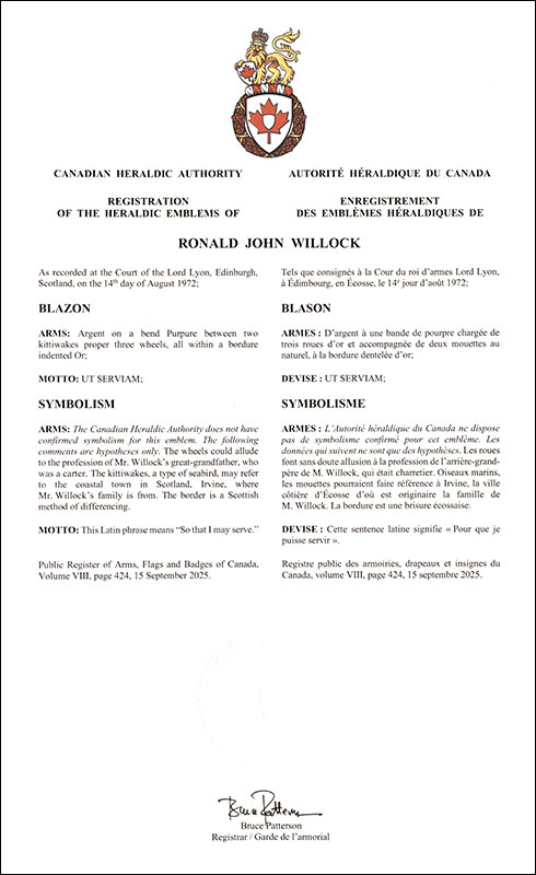 Letters patent registering the heraldic emblems of Ronald John Willock