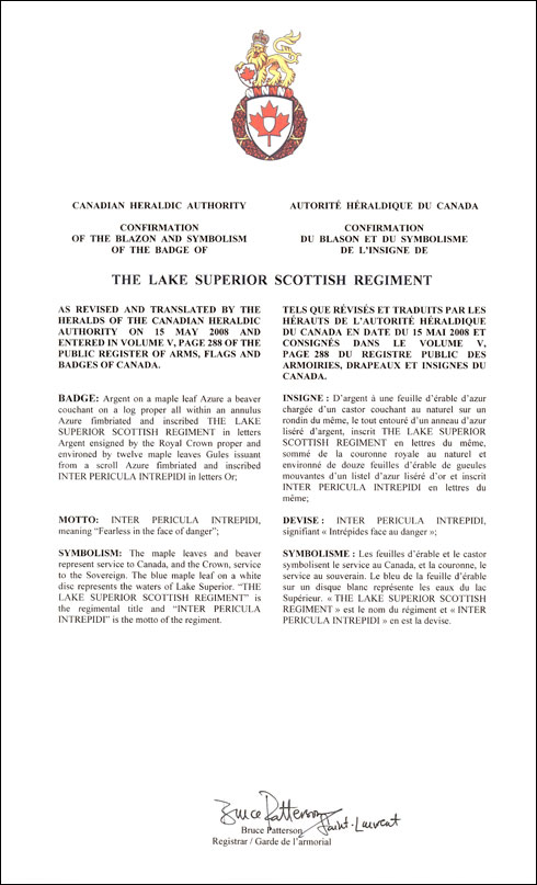 Letters patent confirming the blazon of the Badge of The Lake Superior Scottish Regiment