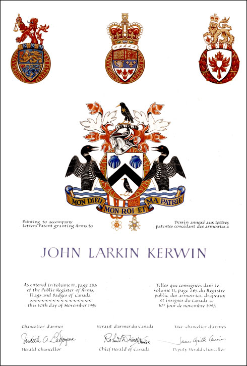 Letters patent registering the heraldic emblems of John Larkin Kerwin