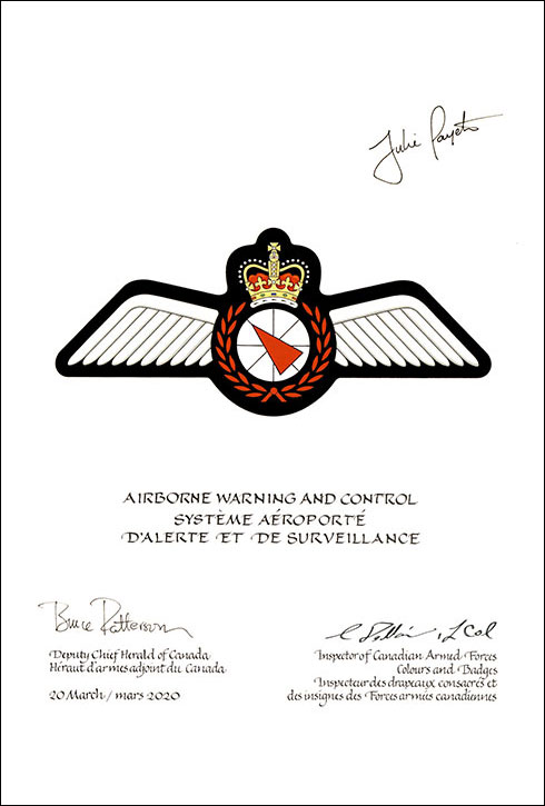 Lettres patentes approuvant les emblèmes héraldiques du Système aéroporté d’alerte et de surveillance des Forces armées canadiennes