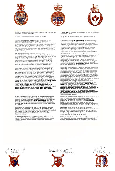 Letters patent granting heraldic emblems to Gordon Ernest Batley