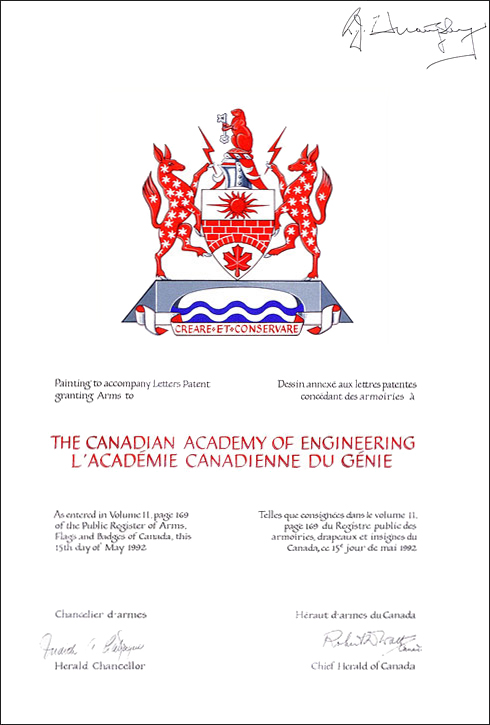 Letters patent granting heraldic emblems to The Canadian Academy of Engineering