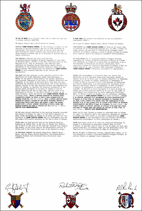 Letters patent granting heraldic emblems to Lorne Douglas Fraser