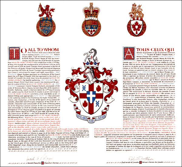 Letters patent granting heraldic emblems to the Ville de Saint-Georges