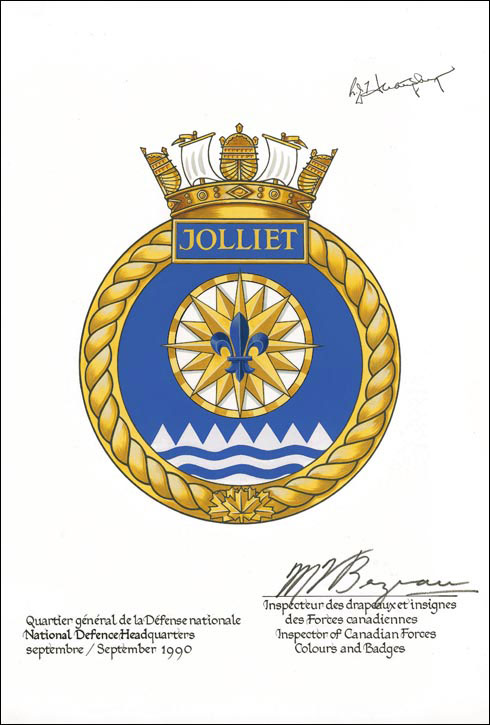 Letters patent confirming the blazon of the Badge of HMCS Jolliet