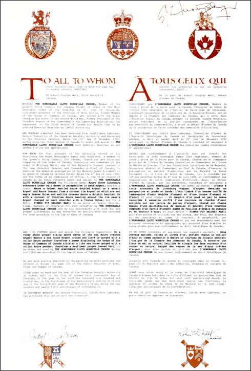 Letters patent granting heraldic emblems to Lloyd Roseville Crouse
