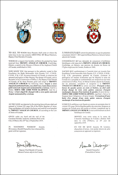 Letters patent granting heraldic emblems to Trinity Anglican Church