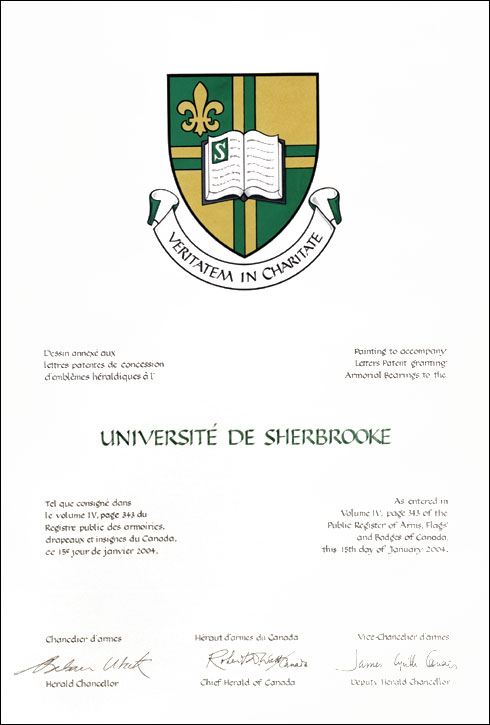 Letters patent granting heraldic emblems to the Université de Sherbrooke