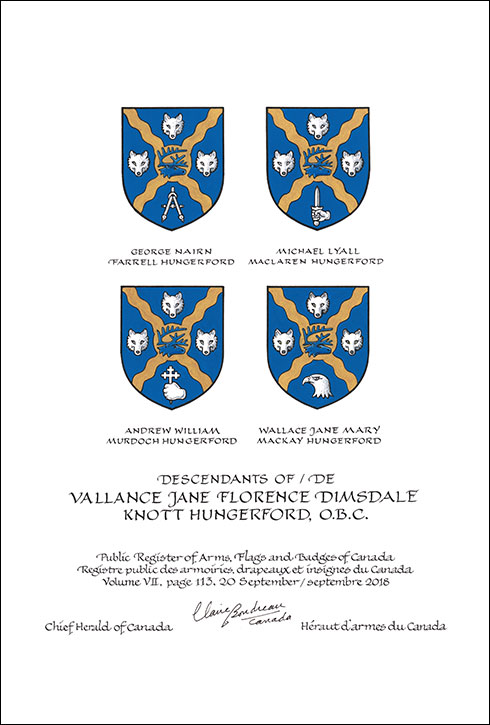 Letters patent granting heraldic emblems to Vallance Jane Florence Dimsdale Knott Hungerford