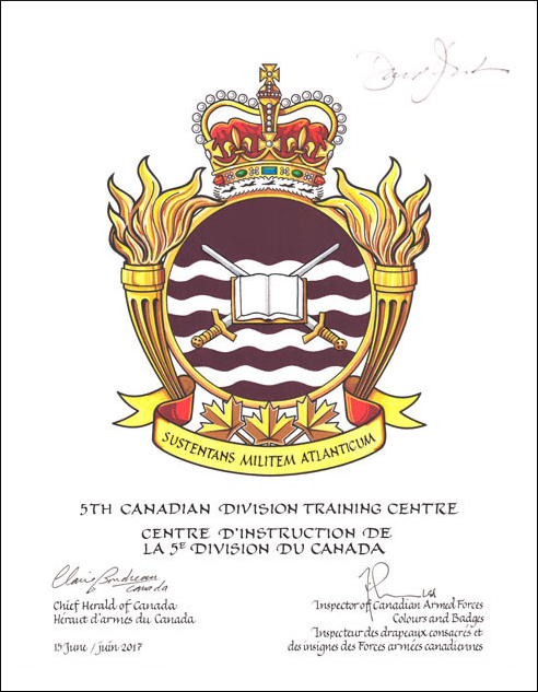 Lettres patentes approuvant l’insigne du Centre d’instruction de la 5e Division du Canada