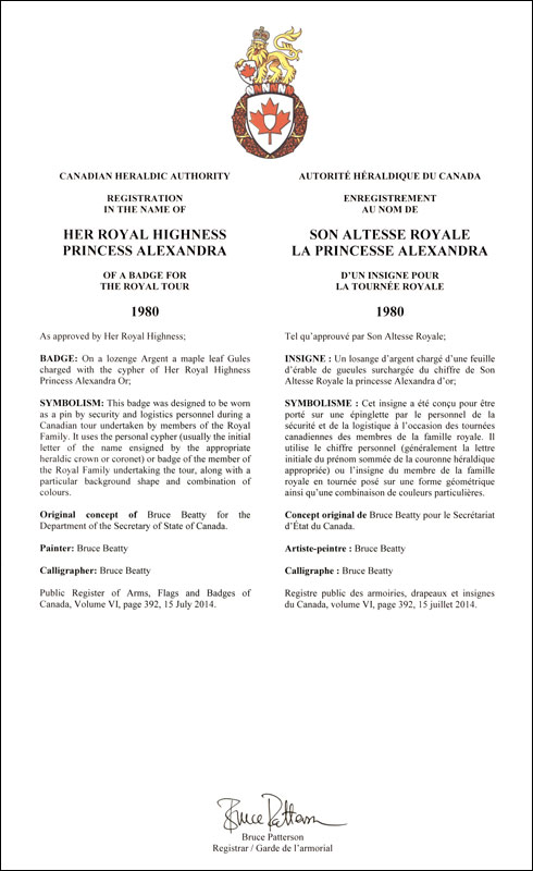 Lettres patentes enregistrant les emblèmes héraldiques de la princesse Alexandra
