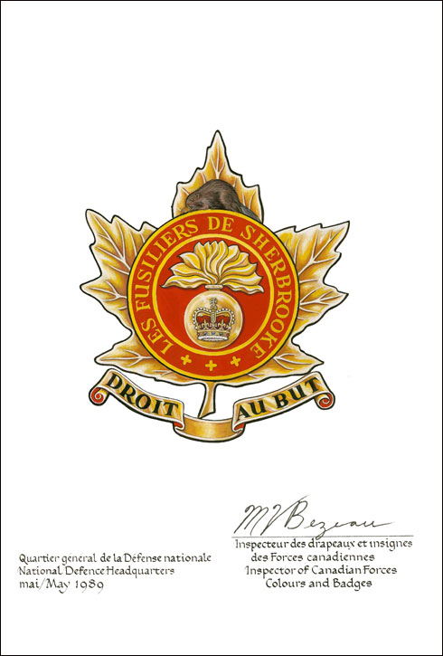 Letters patent confirming the blazon of the Badge of  Les Fusiliers de Sherbrooke