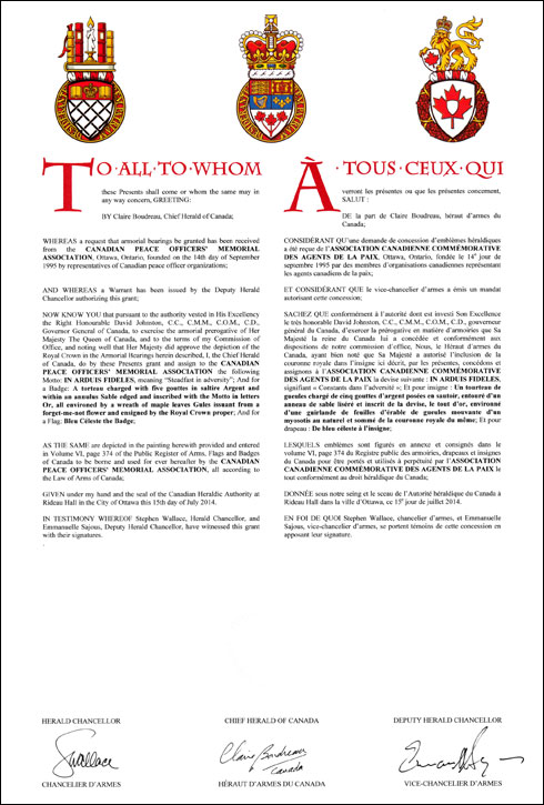 Letters patent granting heraldic emblems of the Canadian Peace Officers' Memorial Association