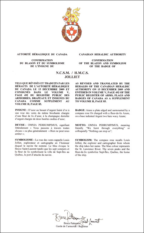 Letters patent confirming the blazon of the Badge of HMCS Jolliet