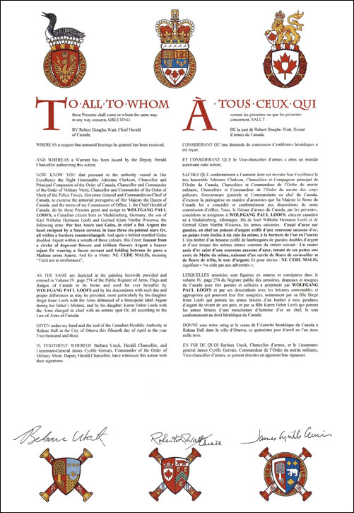 Letters patent granting heraldic emblems to Wolfgang Paul Loofs