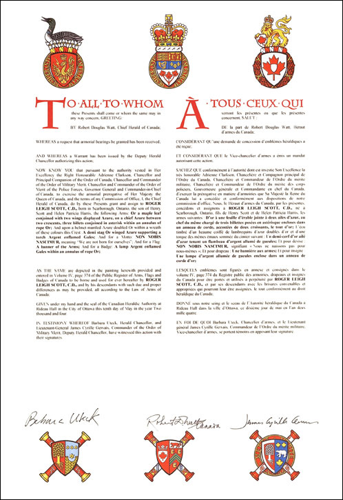 Letters patent granting heraldic emblems to Roger Leigh Scott
