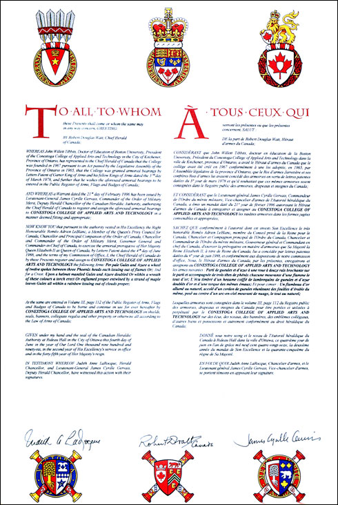 Letters patent registering the heraldic emblems of Conestoga College of Applied Arts and Technology