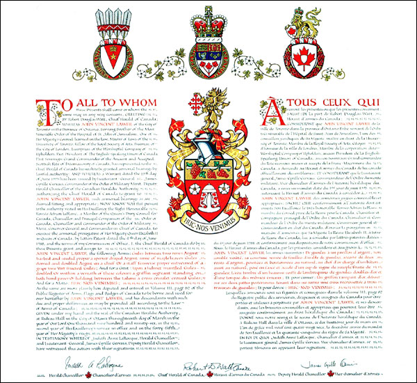 Letters patent granting heraldic emblems to John Vincent Lawer