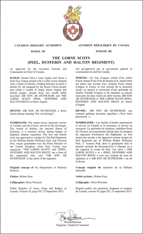 Letters patent approving the Badge of The Lorne Scots (Peel, Dufferin and Halton Regiment)