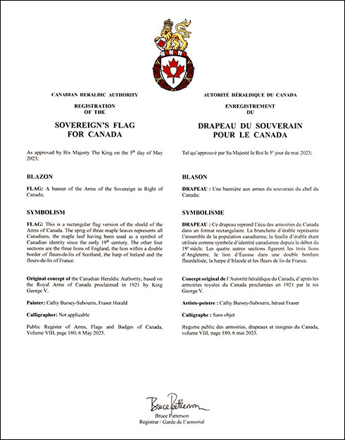 Letters patent registering the Sovereign’s Flag for Canada