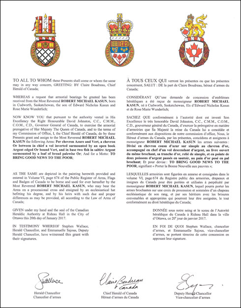 Letters patent granting heraldic emblems to Robert Michael Kasun