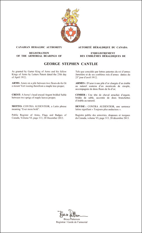 Letters patent registering the heraldic emblems of George Stephen Cantlie